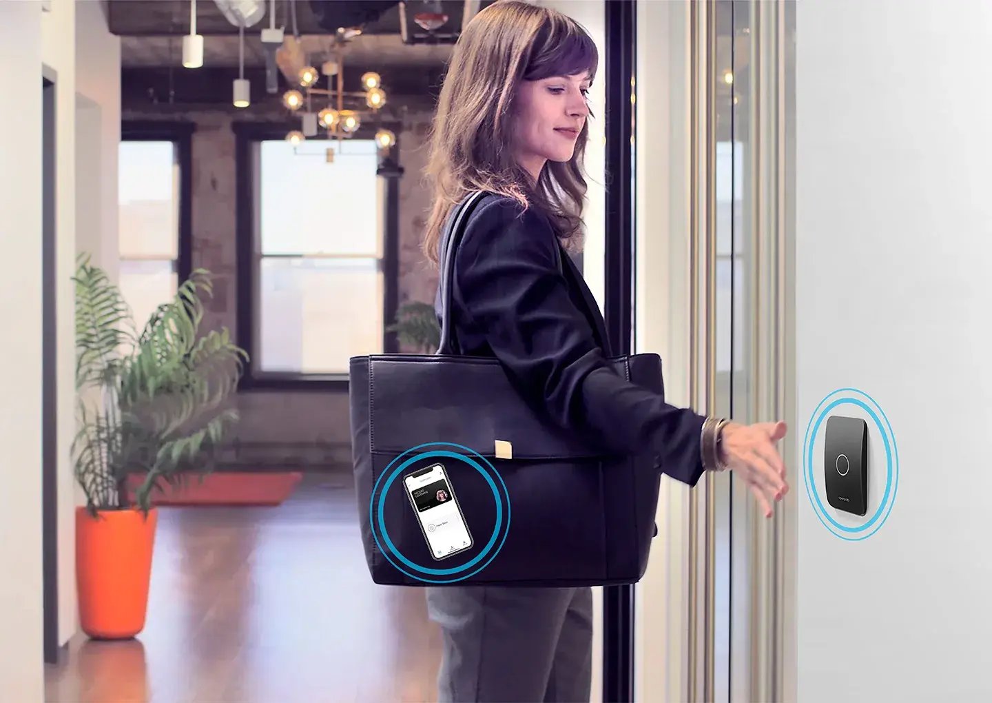 woman-contactless-access-phone-in-bag-office